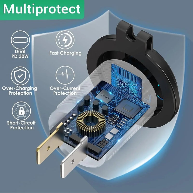 Bluejw 54W Car Charger Adapter, 12V/24V Aluminum Dual Port USB C PD 36W & QC 3.0 18W Fast Automobile Charger - Image 4